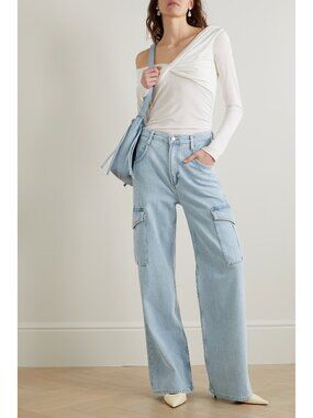 AGOLDE Minka Realm Light Blue Denim High Rise Wide Leg Cargo Jeans, Size 30